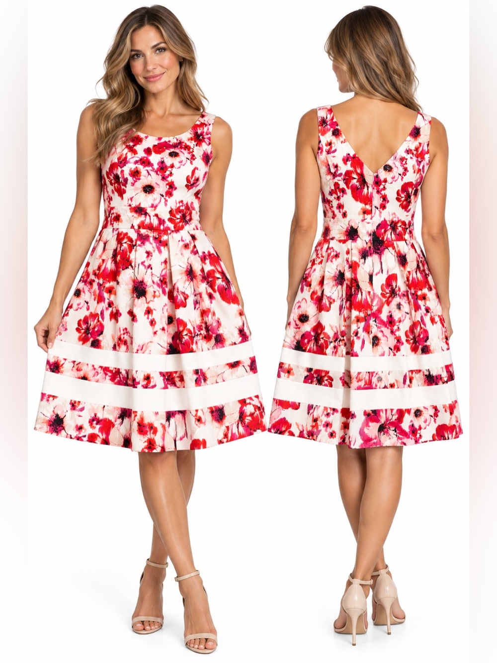 White House Black Market Floral Fit&Flare Dress with Pink,Red & Ivory Women 12